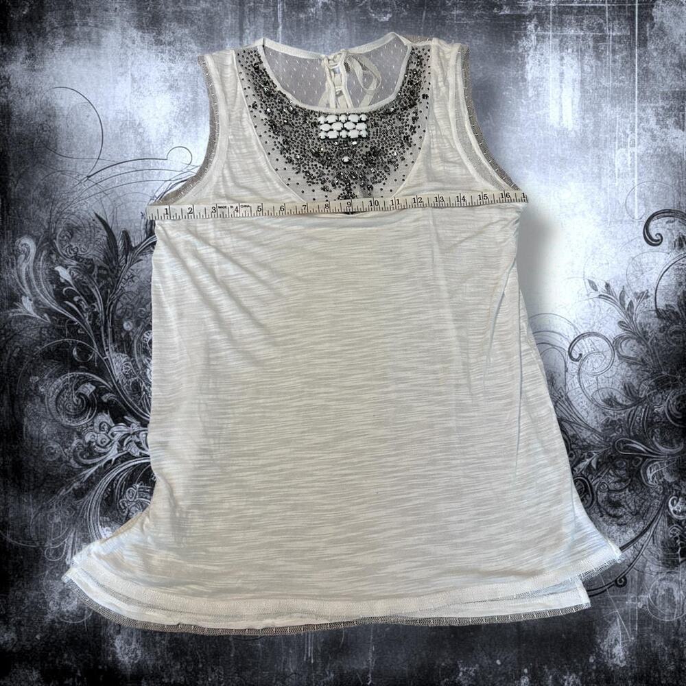 BCBG ornate beaded & rhinestoned sheer white sleeveless top - Picture 6 of 8